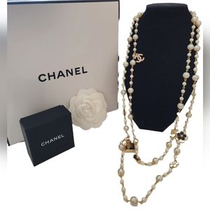 Upcycled Chanel Charms on Long Faux Pearl Unbranded Necklace